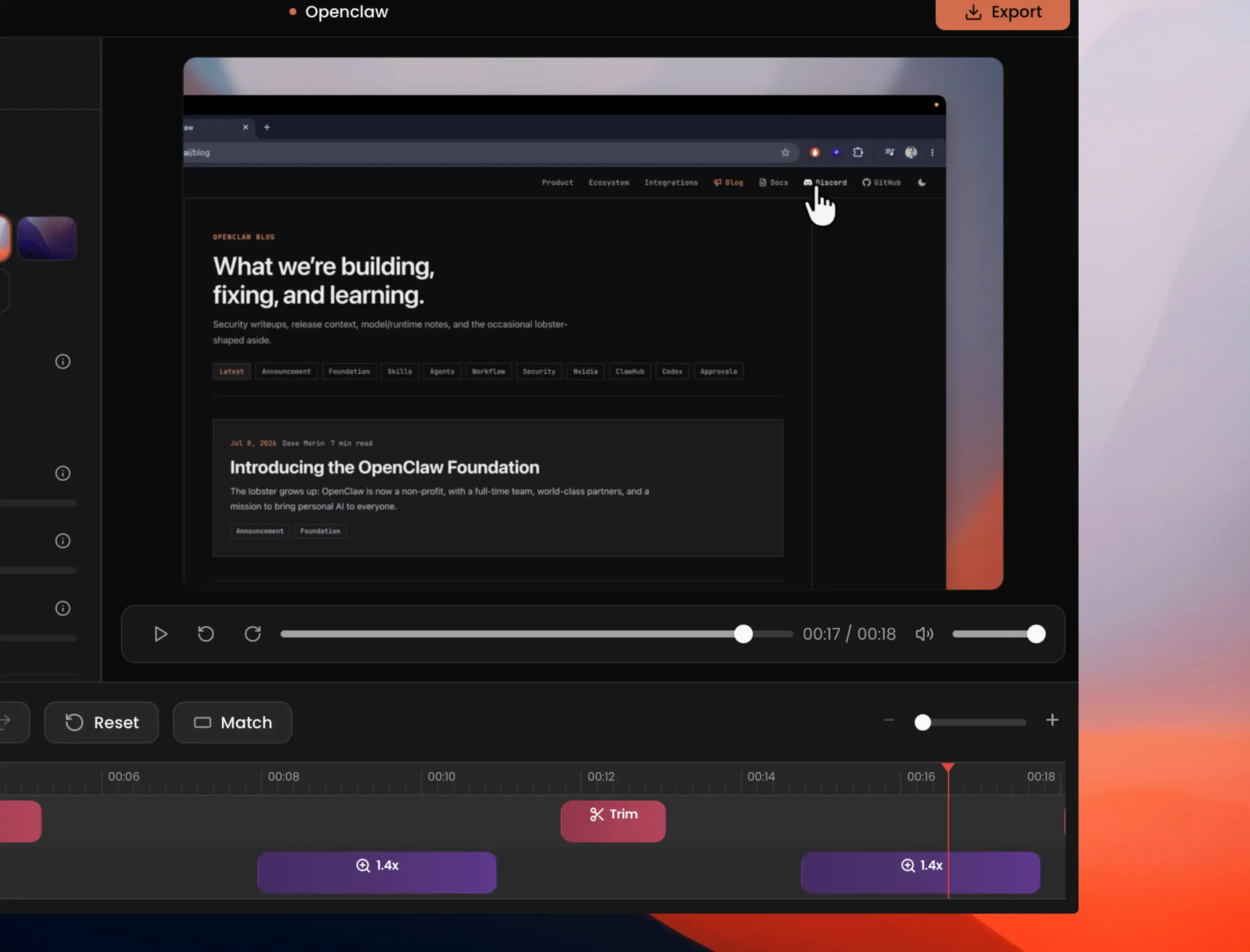 Timeline Capptivo avec segments de zoom et contrôles de coupe
